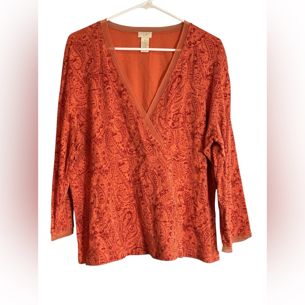 J. Jill XL Burnt Orange Paisley Faux Wrap Top Long Sleeve Soft Stretch - Picture 2 of 8